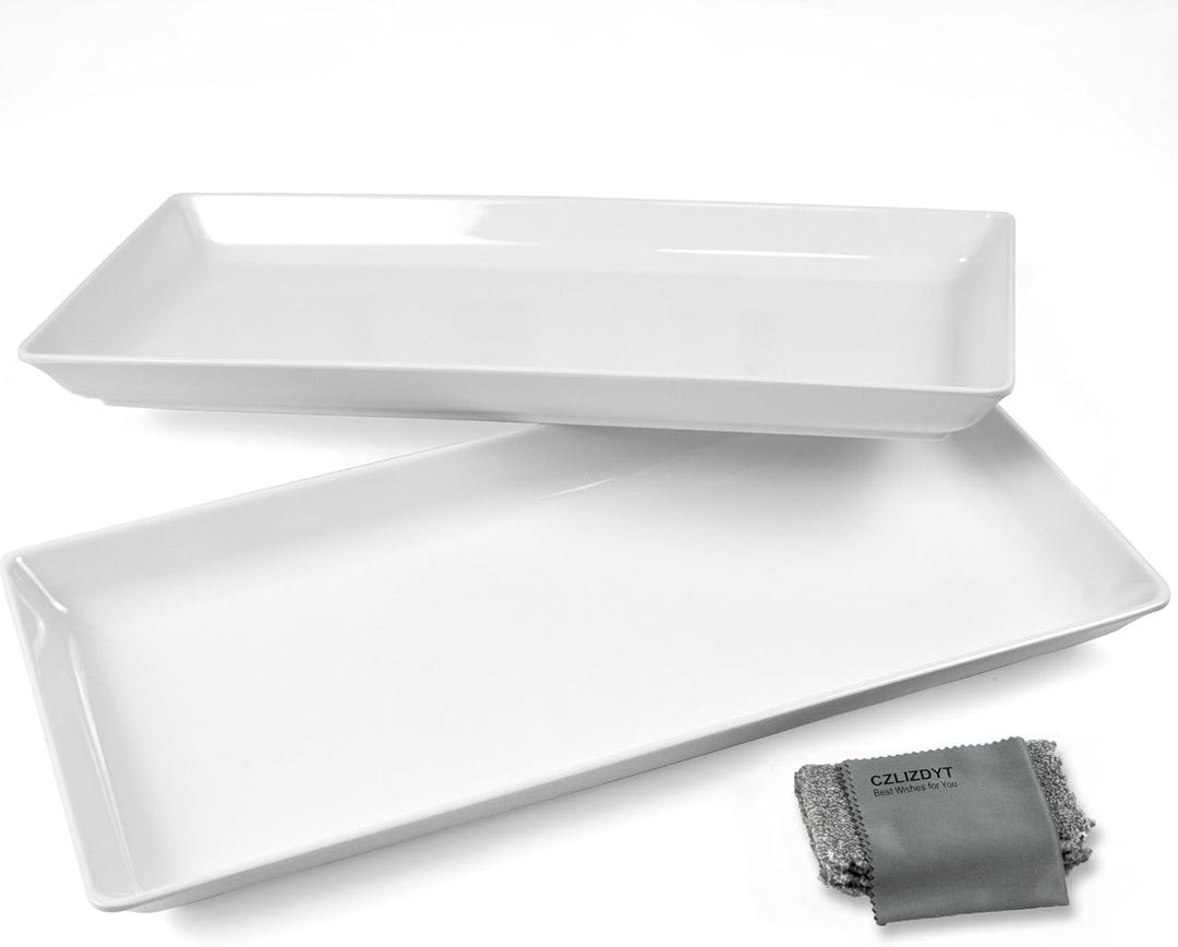 Long Melamine Serving Platter, 17.3x8x1.5 inch Rectangle Serving Trays for Party, Long Serving Platters Plates for Appetizer, Charcuterie, Bread, Fruit, Dessert, Set of 2, White
