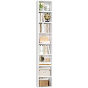 FOTOSOK White Bookshelf 8-Tier Media Tower Rack, 11.6 X 9.3 X 70.9 Inches CD DVD Slim Storage Cabinet with Adjustable Shelves, Tall Narrow Bookcase Display Bookshelf for Home Office, White
