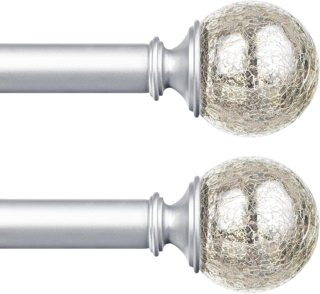 KAMANINA 2 Pack Curtain Rods for Windows 48 to 84 Inches, Silver Decorative Curtain Rod 32 to 86 inch(2.6-7.1ft), 7/8 inch Single Drapery Rods with Crackle Glass Finials