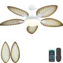 PHORUS 52" Palm Leaf Ceiling Fans with Lights, Outdoor Tropical Ceiling Fans with Remote for Patios Living Room, Dimmable, 6 Speeds, Reversible, Wood Grain