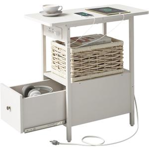 LIDYUK End Table with Charging Station, Narrow Side Table with Drawer and USB Ports & Power Outlets, Nightstand Bedside Tables for Small Spaces, Bedroom, Living Room, White