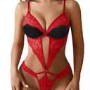 2 x Avidlove Women Sexy Lingerie Lace Bodysuit Teddy Lingerie V Neck One Piece Babydoll Valentines Lingerie Red XL, (Mix Colors) (XL)