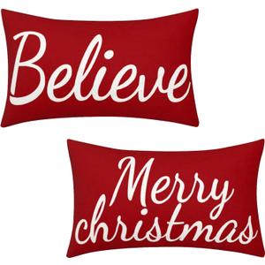 Gvhntk Christmas Throw Pillow Covers - 12x20 Inch Red Believe Throw Pillow Covers - Winter Holiday Cushion Case Decoration Set of 2
