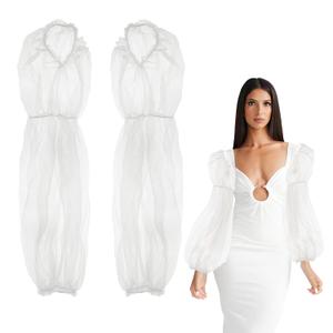NICENEEDED 2 PCS Detachable Puffy Plain Tulle Sleeve, White Long Bridal Wedding Dresses Fingerless Ruffled Sleeves, Full Cover Up Accessory for Costume Women Halloween