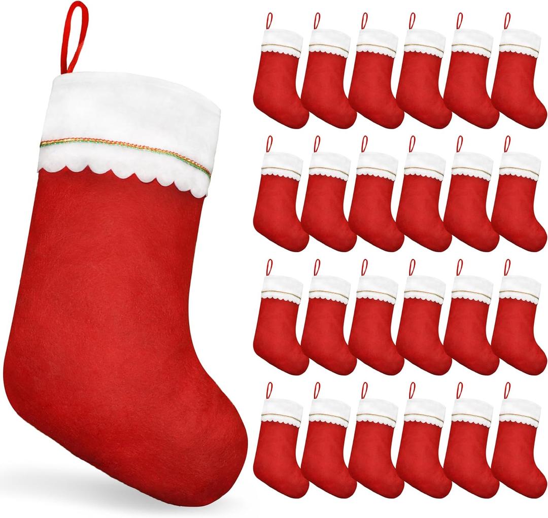 MNKXL 24PCS Christmas Stockings Bulk, Large 19 Inch Traditional Red & White Felt Stockings with White Cuff and Gold Trim, Christmas Stockings Bulk for Fireplace Mantel & Holiday Decorations