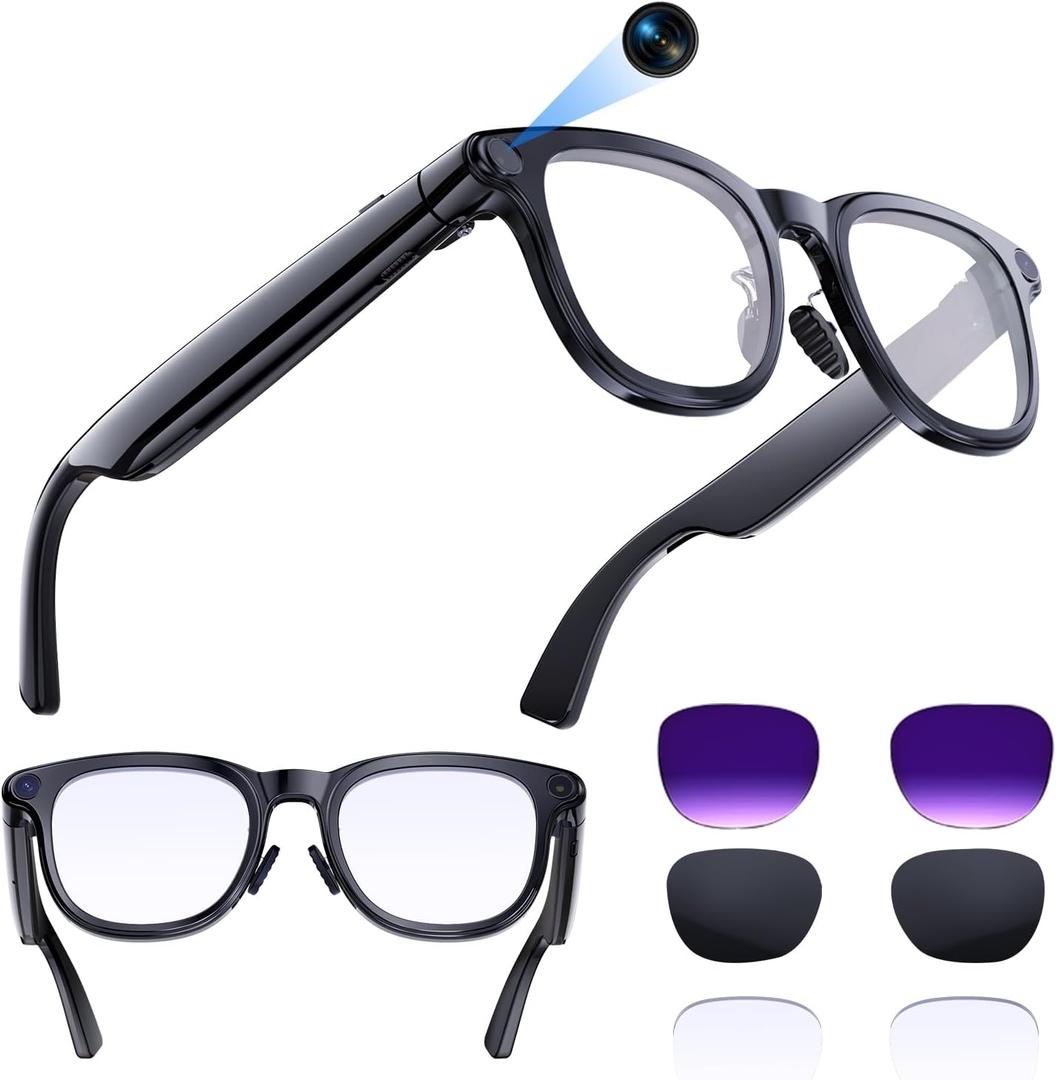 AI Smart Glasses with 4K Camera, 8MPW Anti-Shake Bluetooth Camera Glasses for Women Men, 1080P Video Recording Dual Mic Noise Reduction, Real Time Translation, Voice Assistant for Travel (3 lenses)