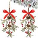 Giegxin 2 Pieces Christmas Artificial Mistletoe Ornament with Red Bow Christmas Hanging Mistletoe Decoration Bouquet Floral Natural Pine Cones Holiday Decoration Ornament Bouquet (Bright Style)
