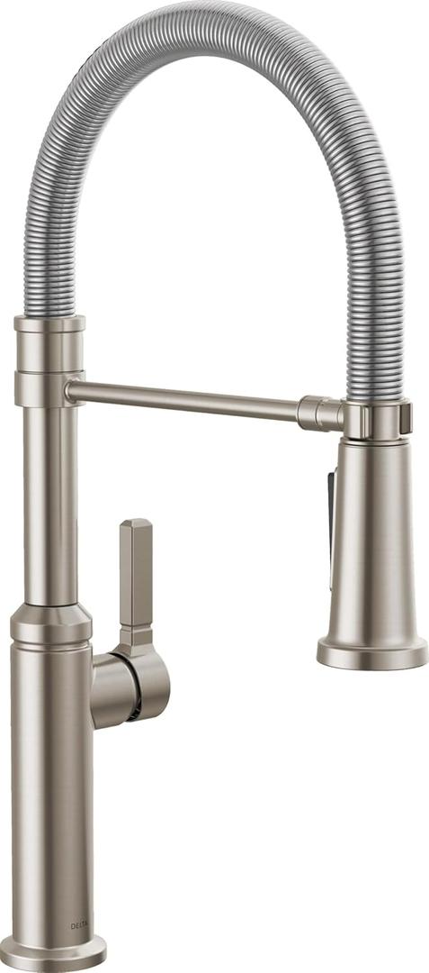 Delta Rhett Pro Style Commercial Kitchen Faucet with Pull Down Sprayer, Brushed Nickel Single Hole Kitchen Sink Faucet, Single Handle, Stainless 18829-SS-DST