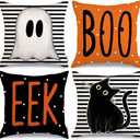 GEEORY Halloween Pillow Covers 20 x 20 Inch Set of 4, Striped Polka Dot Spooky Ghost Black Cat Boo Eek Decorative Throw Pillowcases Indoor Holiday Decoration for Home Party Sofa Couch G0116-20 (Multicolor)