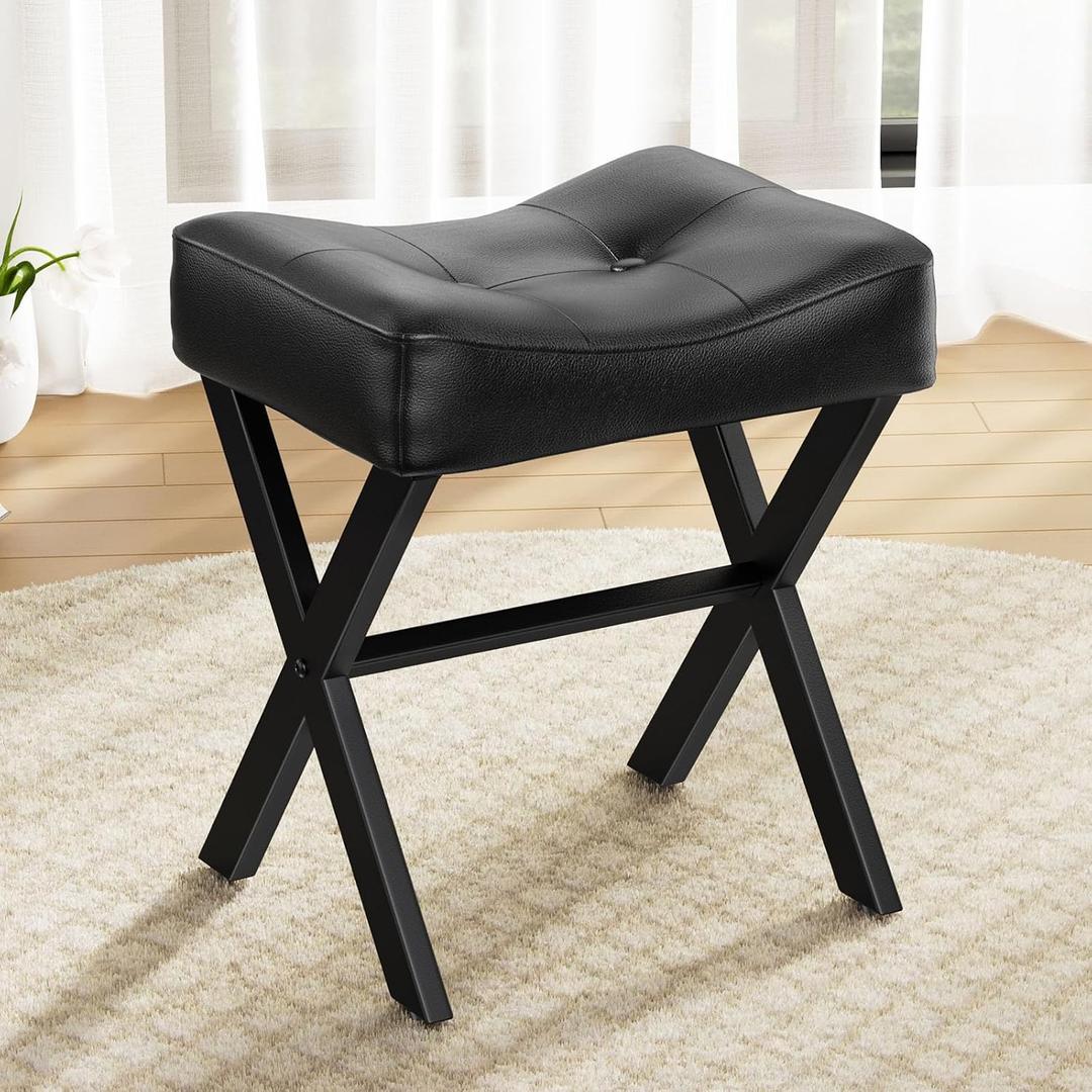 18-Inch Leather Vanity Stool Chair, Vanity Bench with Metal X-Leg, Ottoman Foot Stool with Thick Padded Saddle Seat, Black (Small)