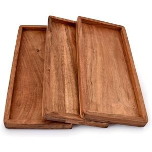 NIRMAN Acacia Wood Rectangular Wooden Platters for Home Decor, Food, Vegetables, Fruit, Charcuterie, Appetizer Serving Tray (13" x 5.5" x 0.75") (Set of 3)