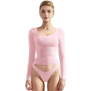 SUUKSESS Women Double Lined Fitted Basic T Shirts Scoop Neck Long Sleeve Crop Top White,Pink XS