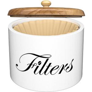 Coffee Filter Holder, Wooden Coffee Filter Storage with Lid, Round CoffeeFilterContainer for Counter, Rustic Farmhouse Bar Accessories Decor (White)