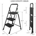 3 Step Ladder, Folding Step Stool with Wide Anti-Slip Pedals, 500lbs Sturdy Steel Ladder with Handrail, Space-Saving, Portable for Home & Adults, Black
