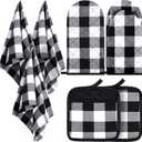 7 Pieces Buffalo Check Dish Towels Pot Holders Oven Mitts Set Cotton Plaid Kitchen Dish Towels Non-Slip Heat Resistant Oven Mitts and Pot Holders for Cooking Baking Grilling Supply (Black with White)