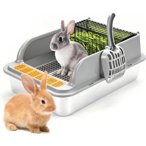 Stainless Steel Rabbit Litter Box w Hay Feeder and Litter Scoop, 19.7 x 13.8 x 7.9 Inch Large Litterboxes w Raised Grid, High Sided Kiter Box for Bunny, Guinea Pig, Ferret, Small Snimal, Hamster