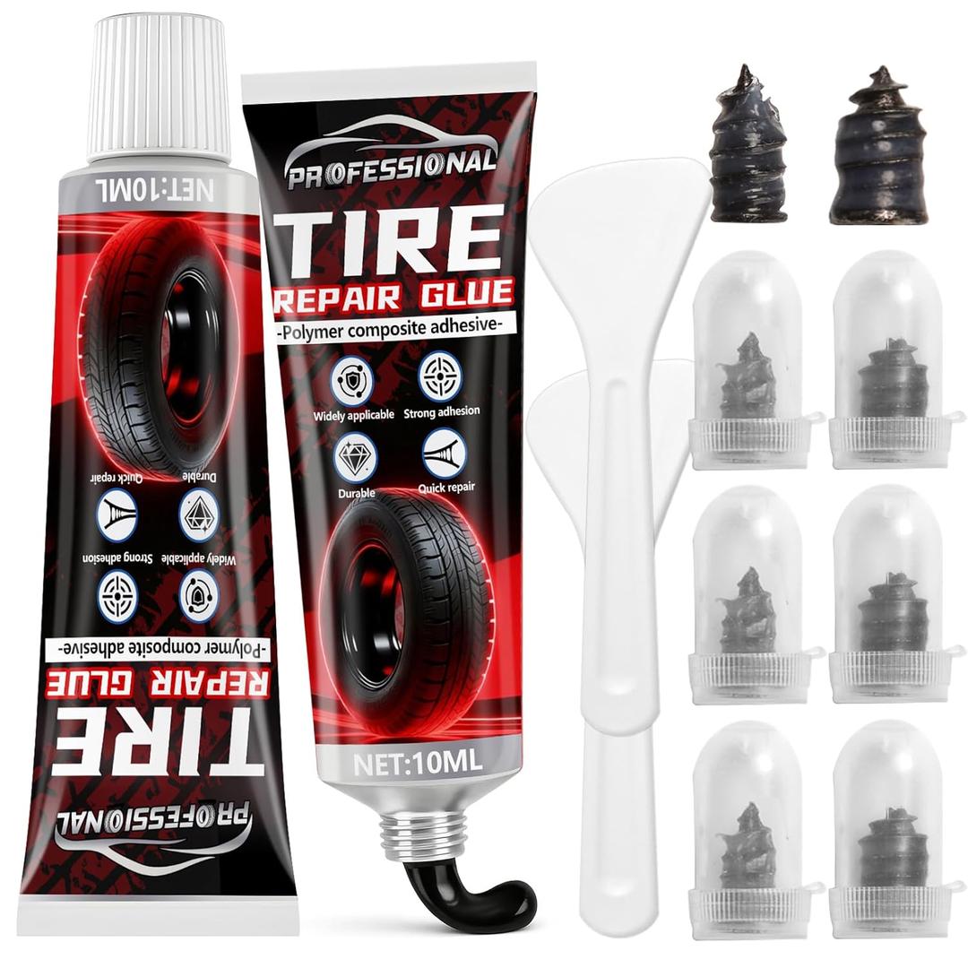 Tire Repair Glue, Tire Repair Nail, Black Sidewall Rubber Cement Kit, Seamless Strong Bonding, Flexible, Waterproof, Suitable for All Tire Types, Two Sizes Nail for Car, Motorcycle, Bike and More 20ml