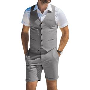 Men's Suit Linen 2 Piece Vests Short Pants Suits for Men Casual Summer Beach Groomsmen Wedding Waistcoat Set Outfit (4X-Large, Grey)