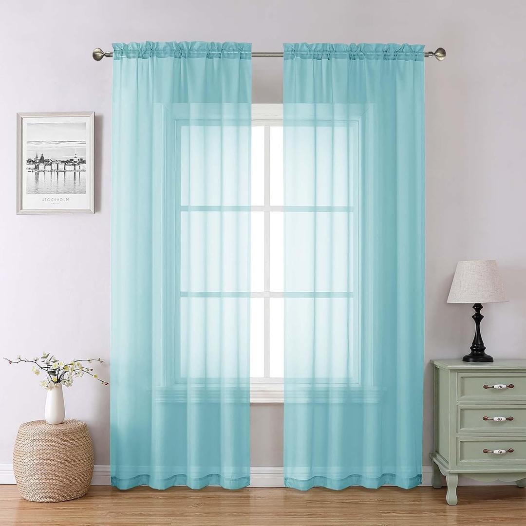 Lecloud Aqua Sheer Curtains for Bedroom 84 Inches Long 2 Panels, Voile Solid Transparent Modern Farmhouse Decor Drapes, Dual Rod Pockets Window Curtains for Living Room, Each Panel 42" W x 84" L