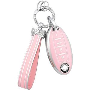 PIFOOG Key Fob Cover for Nissan 4 Button Pink Bling Keychain Girly Car Keys Case Shell Full Covers Protector Accessories for Altima Sentra Kicks Armada Murano Rogue Pathfinder Versa Titan Women TPU