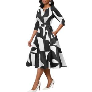 CLOCOR Women's Casual Midi Dresses A Line 3/ 4 Sleeve Crew Neck Tea Party Church Fit and Flare Dress with Pockets Black White XL