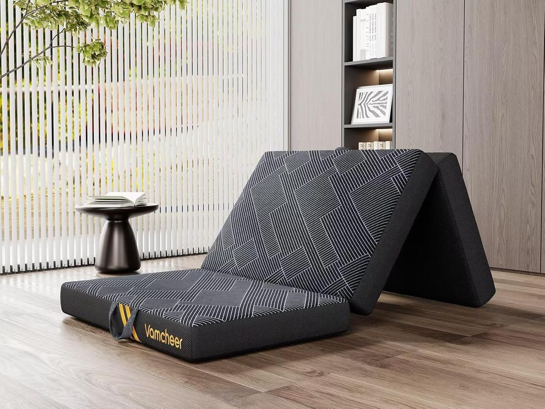 Vomcheer Tri Folding Pad - Foldable Pad for Travel/RV/Camping/Road Trip/Outdoor/Yoga, Tri-fold Memory Foam Pad with Washable Cover, Handle & Non-Slip Bottom (Twin Size)