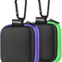 Sunguy 2-Pack Earbuds Case, Portable Small Earbud Carrying Case Storage Bag with Carabiner Clip for Earphones, Earpieces, SD Memory Card, Camera Chips - Green+Purple