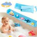 Bathtub Splash Guard for Kids, 2-in-1 Bath Toy Organizer, Tub Shelf & Bath Storage Ledge, Long Silicone Tub Splash Guard with Strong Suction Cups, Helps Keep Bathroom Floor Dry (Blue)