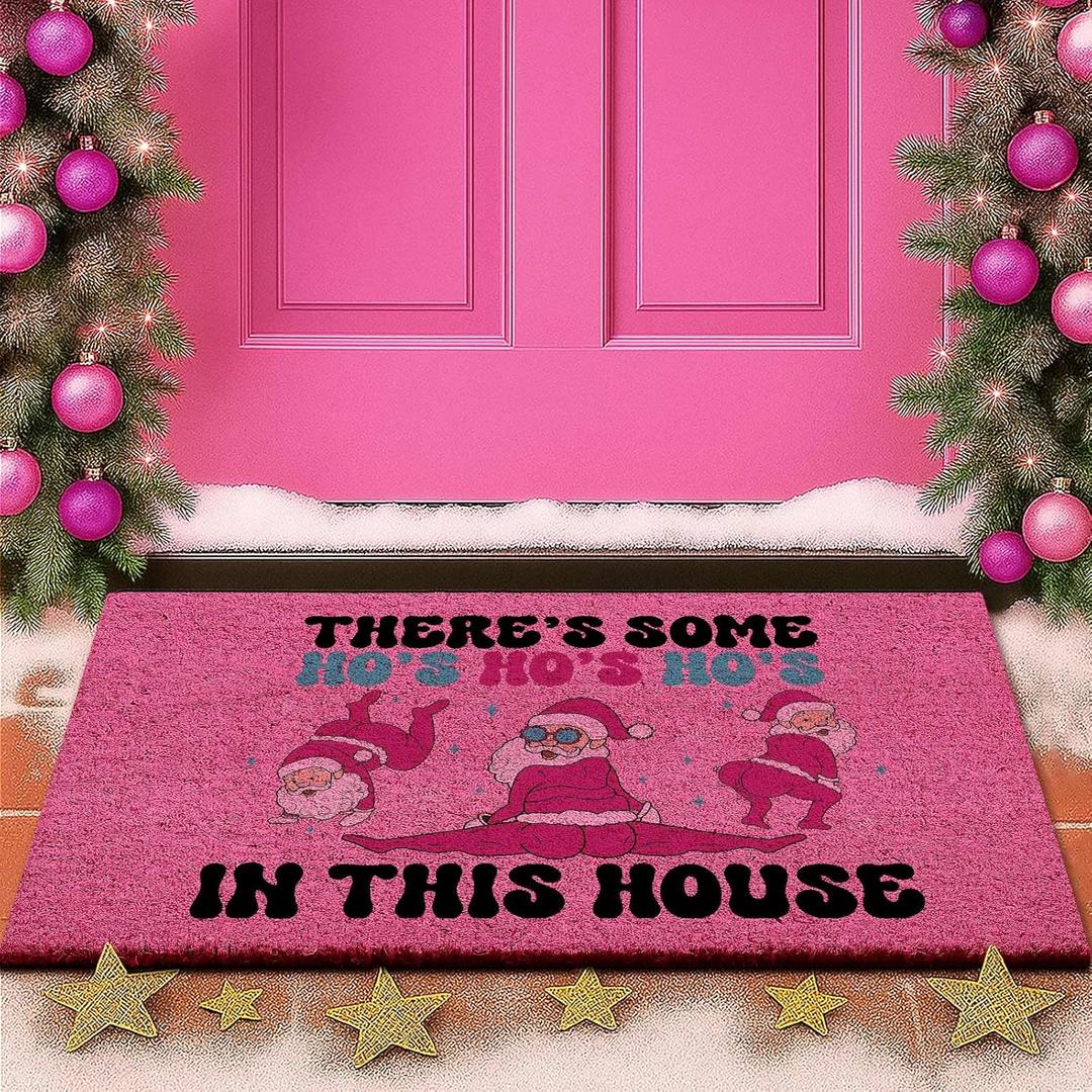 Lanpn Christmas Welcome Natural Coir Door Mat, Santa Coco Front Door Outdoor Doormat Outside Entrance Porch Non Slip Rubber Rug Winter Xmas Farmhouse Decor (Pink, 30x17 inch) (1'5" x 2'6" (Rectangular))