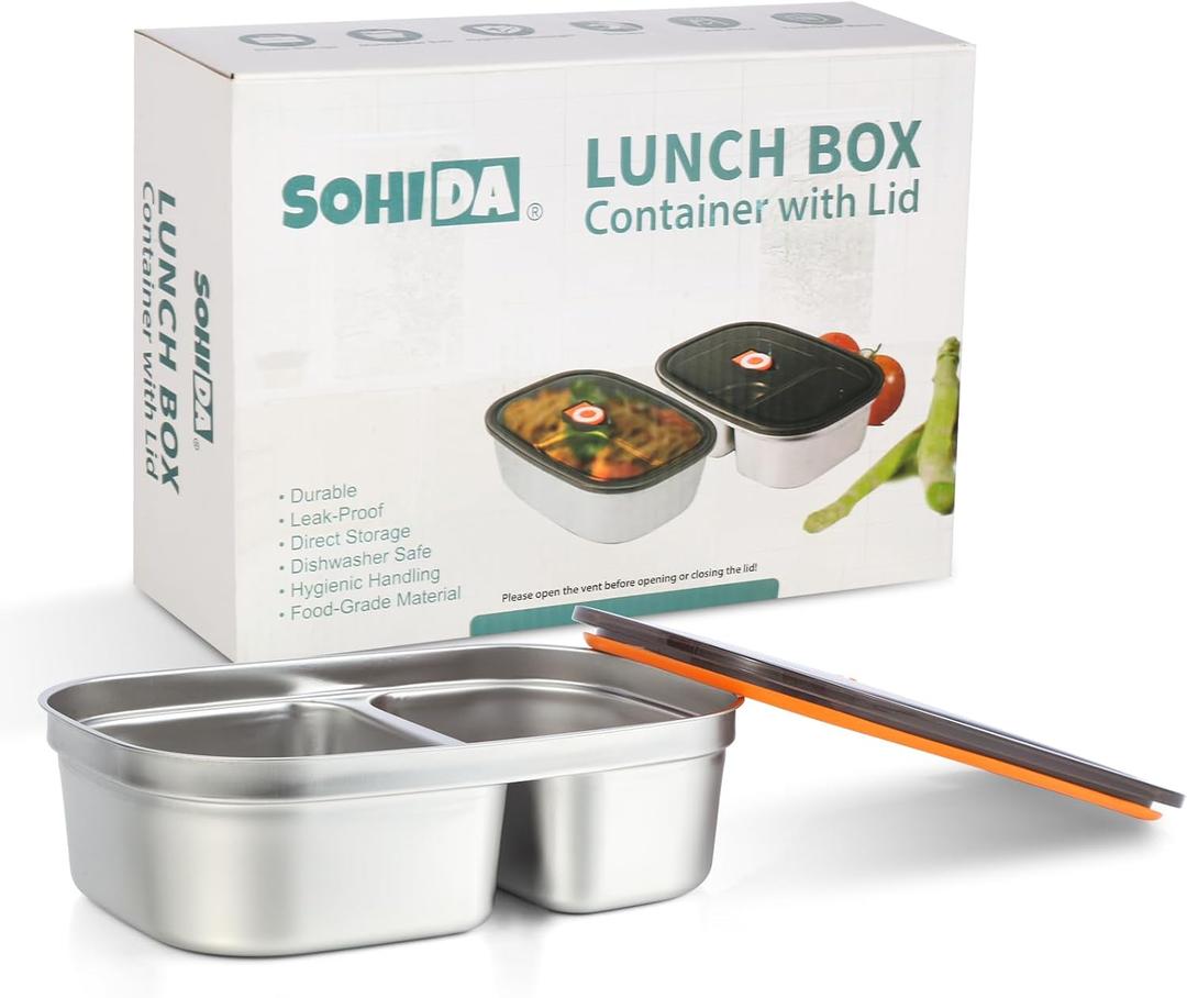 Electric Lunch Box Dual Compartment Container and Lid (1.5L Silver-Dual)