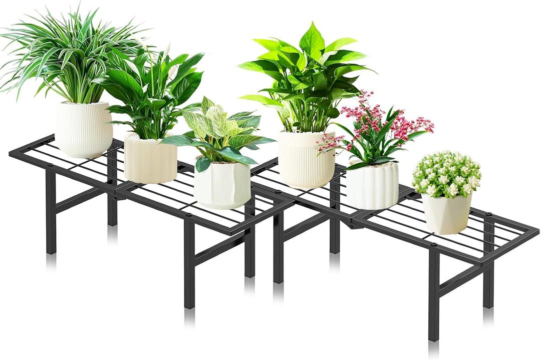 1 Tier Plant Stand Indoor Outdoor, 2 Pack Foldable Heavy Duty Metal Plant Shelf, Multi-Plant Display Flower Pot Holder for Garden Patio Balcony, Black