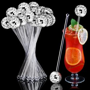 Sawysine 24 Pcs Disco Party Decorations Disco Ball Cocktail Stirrers 8 Inch Silver Mirror Ball Stir Sticks Beverage Coffee Drink Stirrer for 70s 80s Bachelorette Wedding Birthday Party(Transparent)