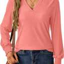 Womens Long Sleeve Shirts Fall Tops V Neck Business Dressy Casual Blouses with Smocked Cuffs (X-Large, Coral)