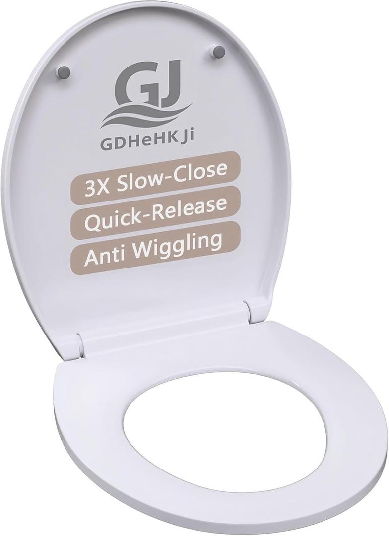Round Toilet seat with Slow Close Hinges, Never Loosen and Easily Remove, easy cleaning, Plastic, White, Suitable for bathrooms and rental housing toilets.(16.54"L x 13.5"W)