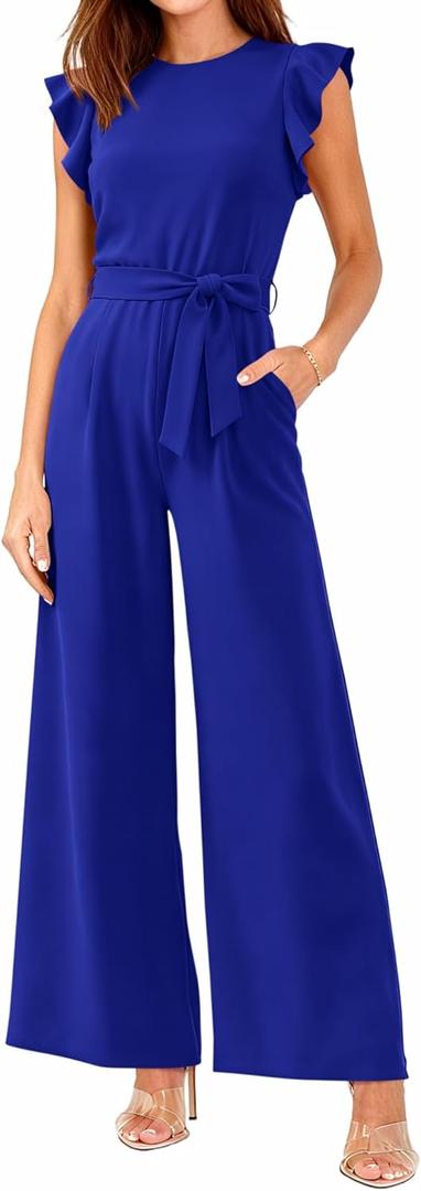 BTFBM Jumpsuits For Women 2026 Crew Neck Dressy Cap Sleeve Belted High Waist Wide Leg Romper One Piece Casual Outfits Pockets (XX-Large, Royal Blue)
