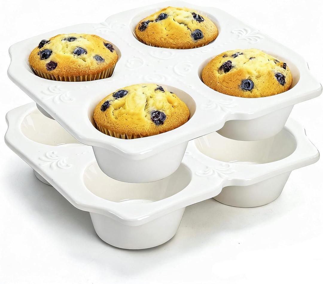 Hiceeden 2 Pack 4-Cup Ceramic Muffin Pan, Nonstick Muffin Tin with Handle, Ceramic Cupcake Baking Pans with Embossed Pattern for Muffin, Cupcake, White, 7.5" x 7" x 1.6"