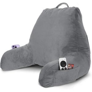 Nestl Reading Pillow with Shredded Memory Foam, Designed for Sitting Up in Bed and Couch, Back and Arms Adjustable Support for Adult & Teens Backrest Pillows for Reading, with Washable Cover Grey