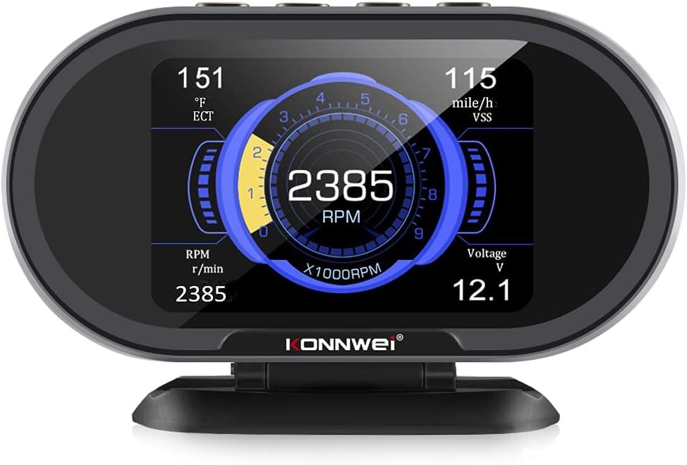 KONNWEI KW206 Car OBD2 HUD Digital Meter Gauge All in One Automotive Trip Computer Smart OBD Speedometer Water Temperature Fuel Pressure Tester for All 2003 and Newer Cars