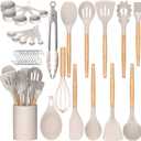 Umite Chef Kitchen Cooking Utensils Set, 33 pcs Non-Stick Silicone Cooking Kitchen Utensils Spatula Set with Holder, Wooden Handle Silicone Kitchen Gadgets Utensil Set (Khaki), Large