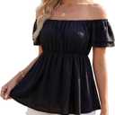 Women's Off Shoulder Boho Floral Blouse Short Sleeve Flowy Dressy Casual Top (Black, XXL)