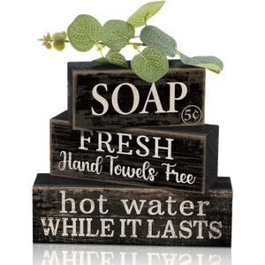 Lineshading 4 Pcs Bathroom Shelf Decor Sign Farmhouse Bathroom Decor and Accessories Rustic Eucalyptus Leaves Block Sign Soap Fresh Hand Towel Free Table Centerpiece for Home Toilet Hotel Campsite
