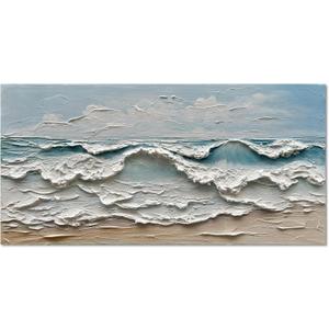 Art Hand-Painted Sea Wave Beach Landscape Oil Painting Modern Abstract Canvas Art Home Office Wall Decoration 24x48 inches