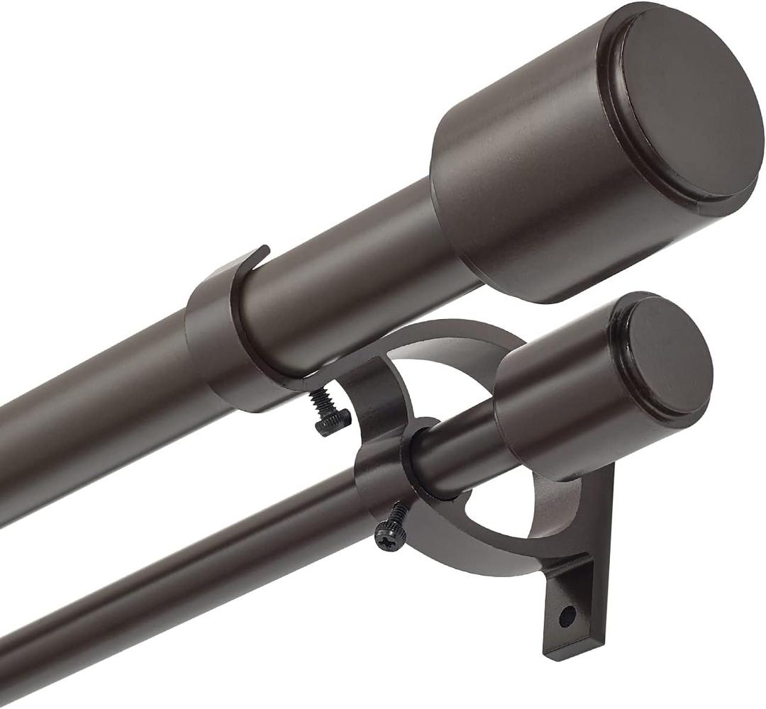 Kemmie 1" Window Treatment Curtain Rod with Cylindrical Cap Finials, Double Drapery Rod Adjustable Length 72-144", Bronze