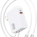 Retractable USB Charger Wall Plug with Type C Cables Cords,40W Fast Charging Foldable Block Multi Charger,4-in-1 Travel Essentials Brick Multiport for iPhone 17/16/15/14/13/12,iPad,Galaxy,LG,Pixel