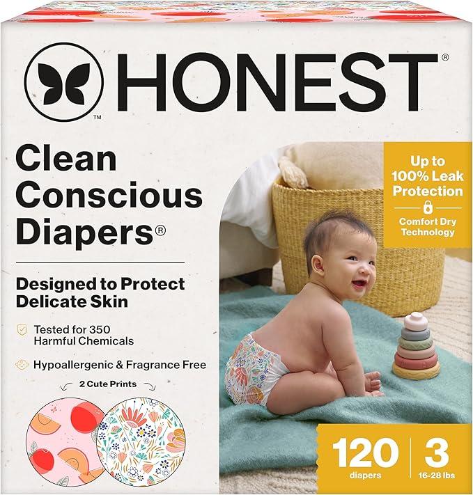 The Honest Company Comfort Dry Diapers, Hypoallergenic, FragranceFree, Sensitive Skin, Just Peachy + Flower Power, Super Club Box Size 3 (16–28 lbs), 120 Count