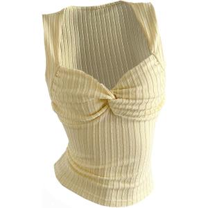 Women's Floral Textured Tank Tops Y2K Twist Mesh Sheer Sleeveless Fitted Going Out Tops (Yellow, L)