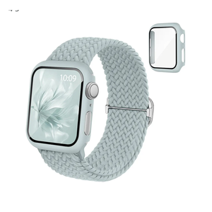 Braided Stretchy Band Compatible for Apple Watch Band and Case, Nylon Elastic Solo Loop and Protective Cover with Screen Protector for iWatch Series 10 9 8 7 SE 6 5 4 3, Size: 8"