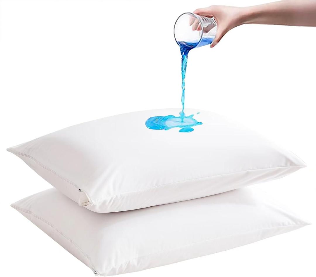 2 Pack Waterproof Pillow Protectors with Zipper Queen Size Zippered Pillow Case Protectors Hypoallergenic Bed Pillow Covers Encasement Smooth Downproof Feather Proof Machine Washable