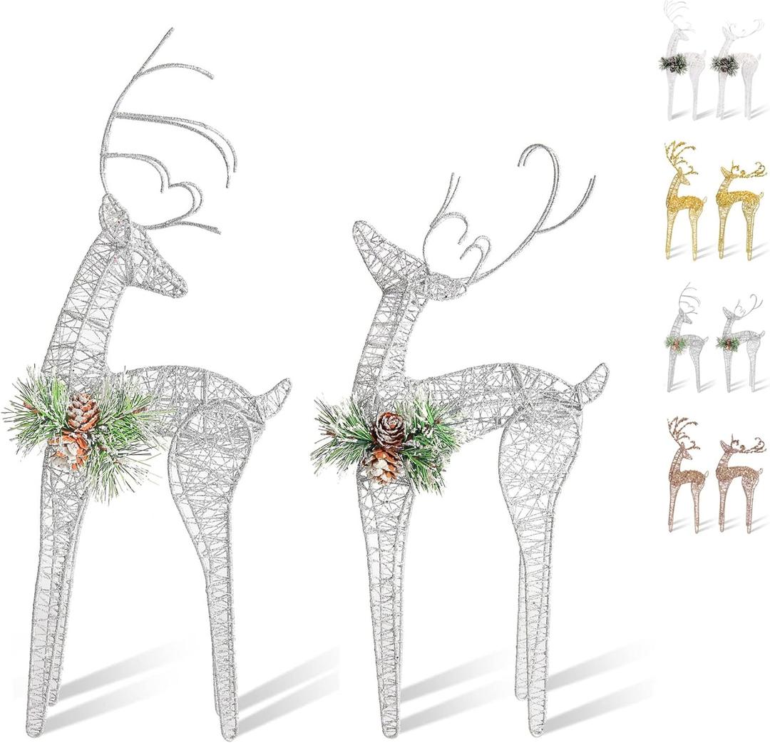 2pc Set White Pinecone Rattan Silver Thread String Christmas Reindeer Figurine Table Desk Decorations Glittering Xmas Holiday Party Supply