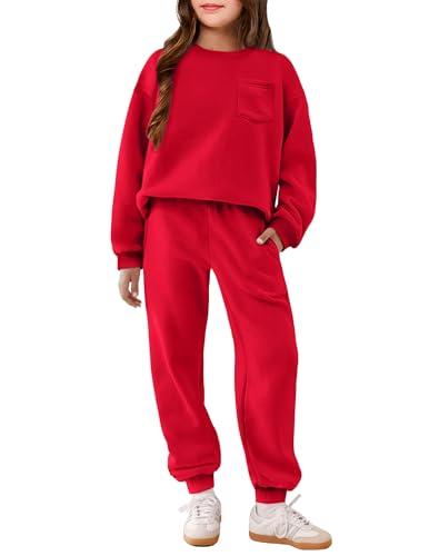 Arshiner Sweatsuits Girls 2 Piece Outfit Drop Shoulder Sweatshirt Sweatpants Fall Fashion Clothes Tracksuit Red Size 140